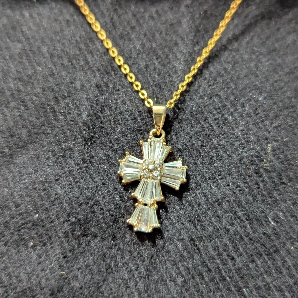 Gold Tone Clear Rhinestone Cross Pendant Statement Necklace